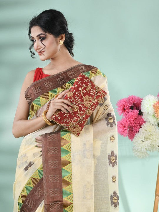 DESH BIDESH Beige & Brown Floral Zari Pure Cotton Handloom Saree with Blouse Piece