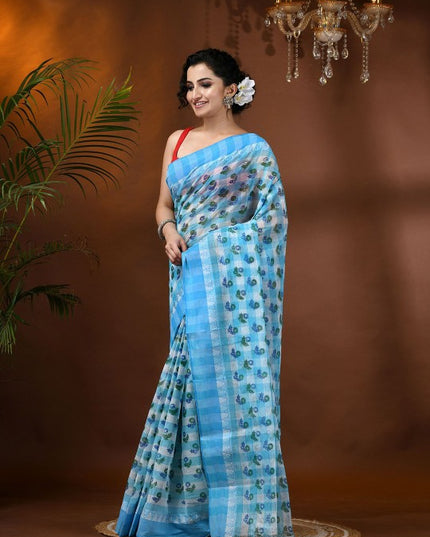 DESH BIDESH Blue & Green Floral Printed Pure Cotton Block Print Saree with Woven Border