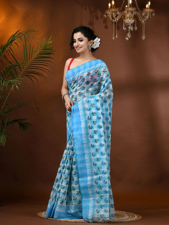DESH BIDESH Blue & Green Floral Printed Pure Cotton Block Print Saree with Woven Border