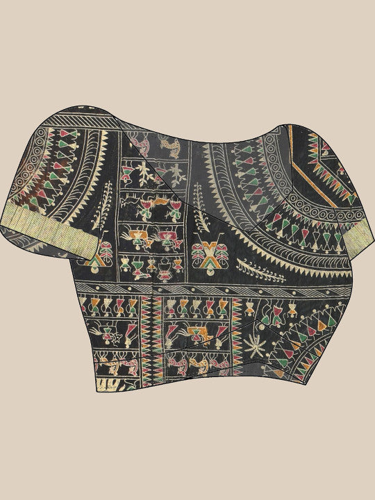 DESH BIDESH Warli Printed Bandhani Saree With Blouse Piece
