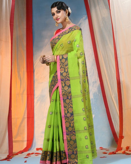 Exquisite Green Floral Pure Cotton Saree with Woven Design Border
