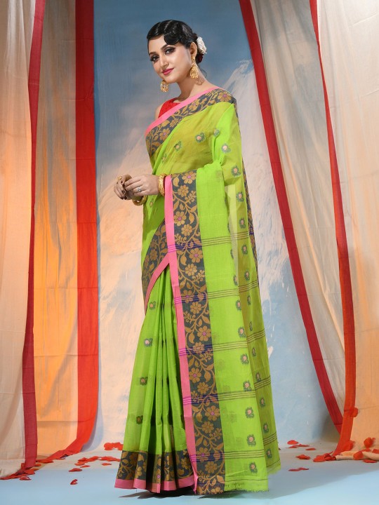 Exquisite Green Floral Pure Cotton Saree with Woven Design Border
