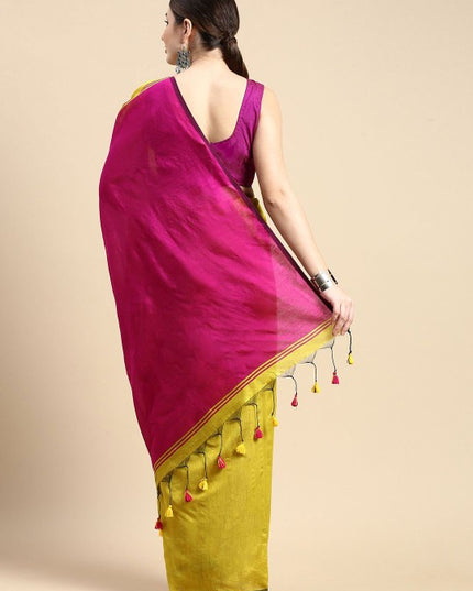 Exquisite Colourblocked Silk Cotton Saree in Olive Green and Pink