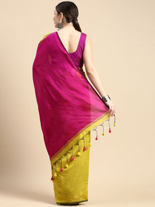 Exquisite Colourblocked Silk Cotton Saree in Olive Green and Pink