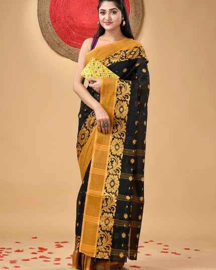 DESH BIDESH Black & Yellow Pure Cotton Taant Saree with Ethnic Woven Motifs