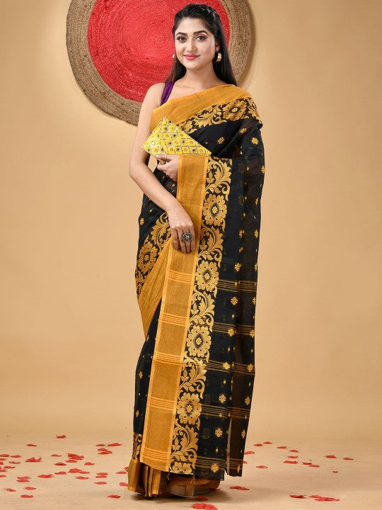 DESH BIDESH Black & Yellow Pure Cotton Taant Saree with Ethnic Woven Motifs