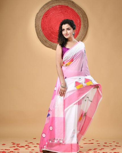 DESH BIDESH Pink & White Pure Cotton Taant Saree with Ethnic Motifs