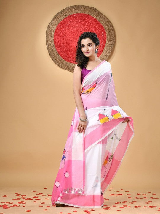 DESH BIDESH Pink & White Pure Cotton Taant Saree with Ethnic Motifs
