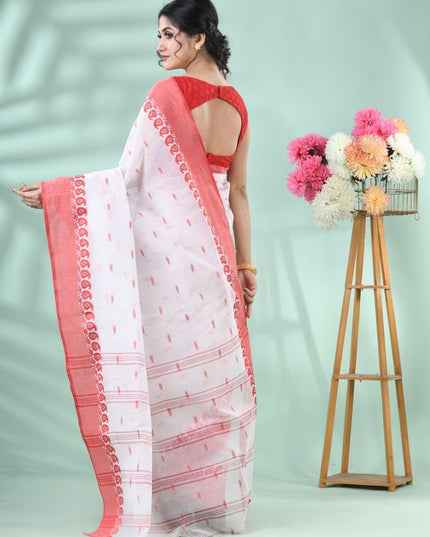 DESH BIDESH Elegant White & Red Woven Paisley Pure Cotton Saree for Women