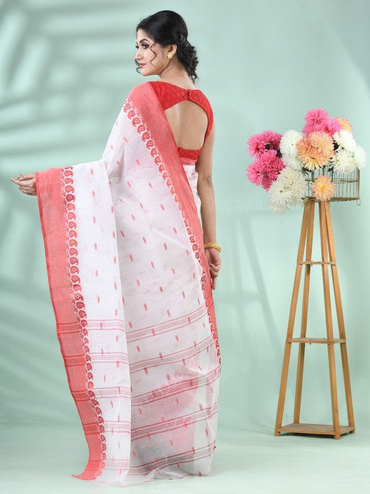 DESH BIDESH Elegant White & Red Woven Paisley Pure Cotton Saree for Women