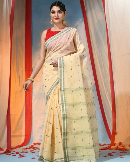 Exquisite Off-White & Green Pure Cotton Saree with Ethnic Woven Motifs