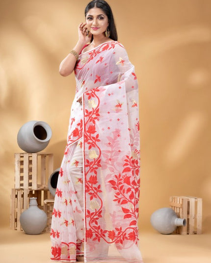 Elegant Pure Cotton Jamdani Saree with Woven Zari Design, Red & White