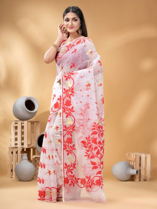 Elegant Pure Cotton Jamdani Saree with Woven Zari Design, Red & White