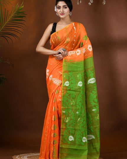 Exquisite Jamdani Cotton Blend Saree: Orange & Green Ethnic Motifs with Solid Border