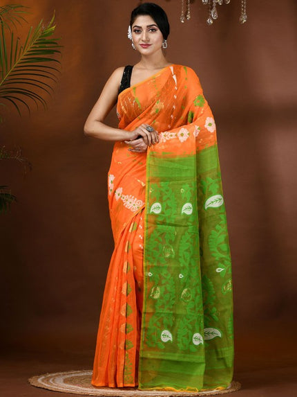 Exquisite Jamdani Cotton Blend Saree: Orange & Green Ethnic Motifs with Solid Border