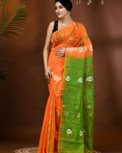 Exquisite Jamdani Cotton Blend Saree: Orange & Green Ethnic Motifs with Solid Border