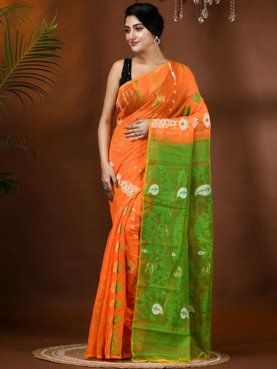 Exquisite Jamdani Cotton Blend Saree: Orange & Green Ethnic Motifs with Solid Border