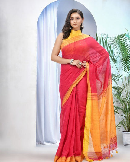 DESH BIDESH Pink & Yellow Silk Cotton Sequinned Saree