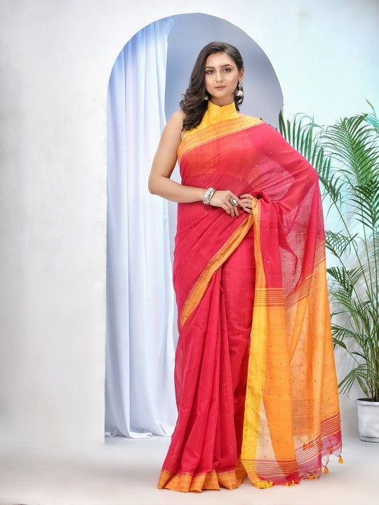 DESH BIDESH Pink & Yellow Silk Cotton Sequinned Saree