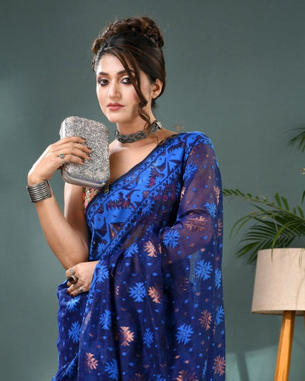Elegant Blue Jamdani Saree with Woven Ethnic Motifs and Zari Work