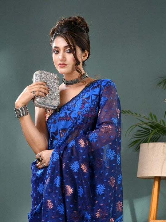 Elegant Blue Jamdani Saree with Woven Ethnic Motifs and Zari Work