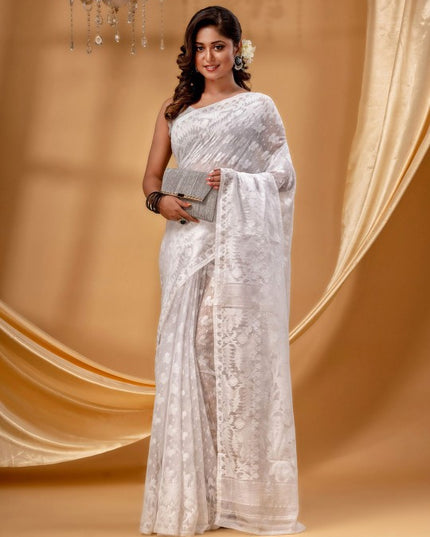 DESH BIDESH Exquisite Woven Design Pure Cotton Jamdani Saree for Women