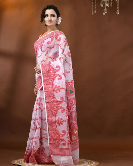 DESH BIDESH Women's Exquisite Red & White Woven Jamdani Saree with Solid Border