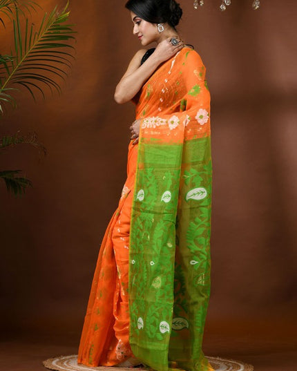 Exquisite Jamdani Cotton Blend Saree: Orange & Green Ethnic Motifs with Solid Border