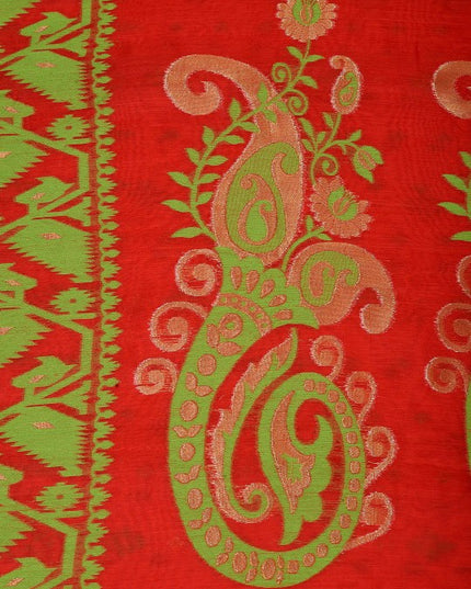 DESH BIDESH Floral Jamdani Saree: Elegant Red Green Woven Design Traditional Wear