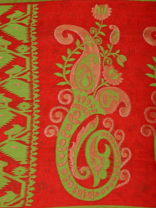 DESH BIDESH Floral Jamdani Saree: Elegant Red Green Woven Design Traditional Wear