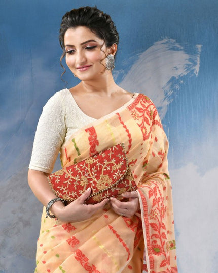 Exquisite Cream and Red Jamdani Saree with Ethnic Motifs and No Border