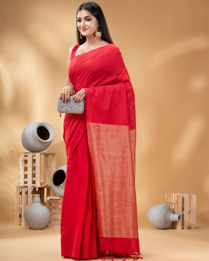 DESH BIDESH Elegant Red Pure Cotton Solid Saree with No Border