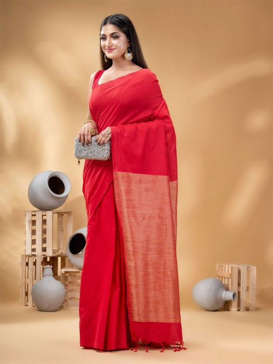 DESH BIDESH Elegant Red Pure Cotton Solid Saree with No Border