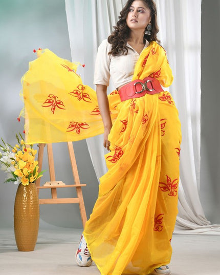 DESH BIDESH Yellow and Red Embroidered Saree with Blouse Piece for Women