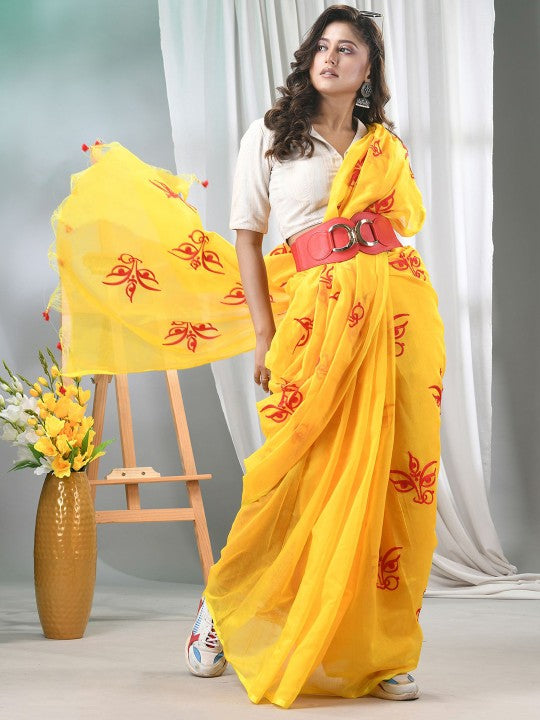 DESH BIDESH Yellow and Red Embroidered Saree with Blouse Piece for Women