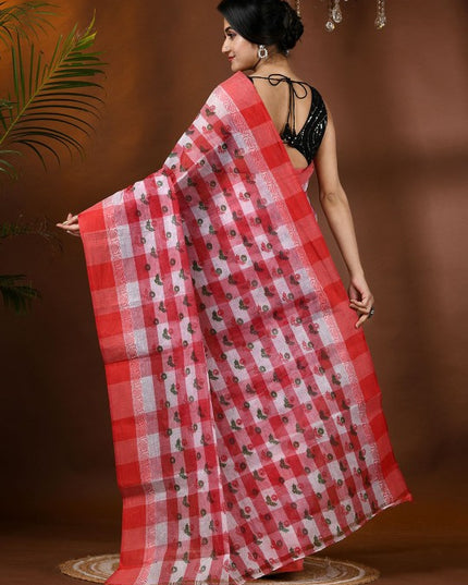 Exquisite Floral Pure Cotton Block Print Saree with Woven Border