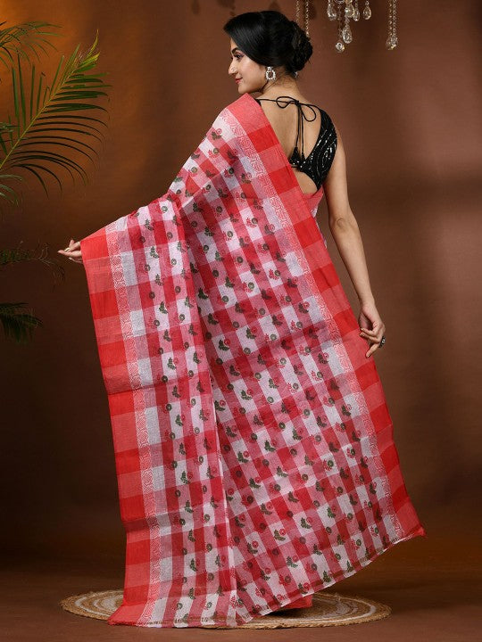Exquisite Floral Pure Cotton Block Print Saree with Woven Border