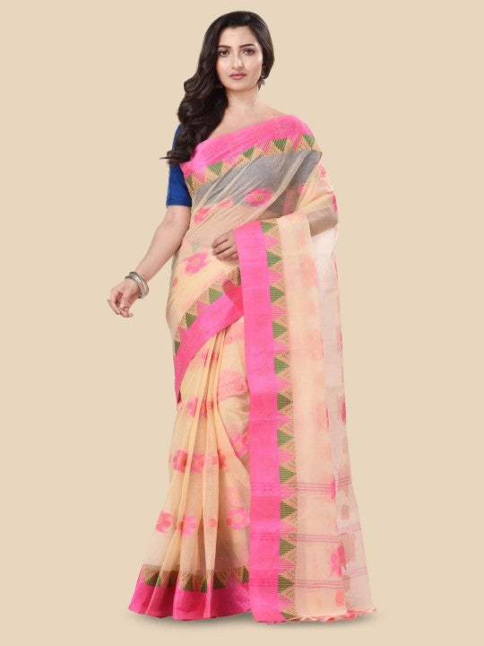 DESH BIDESH Floral Zari Pure Cotton Taant Saree - Sarees for Women