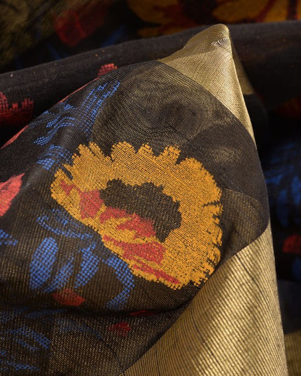 Exquisite Floral Printed Black & Gold Zari Border Saree for Women