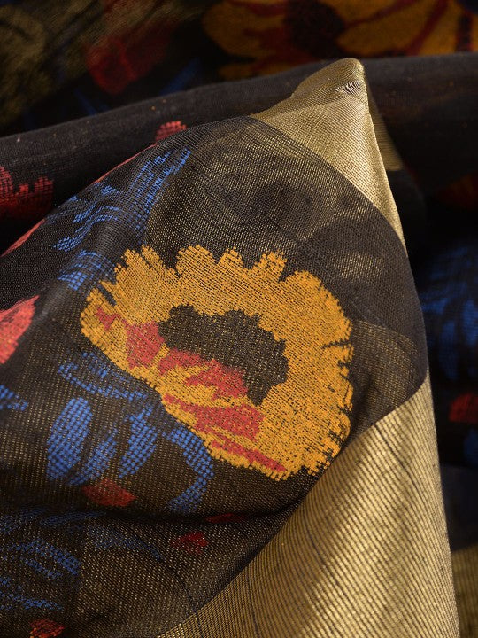Exquisite Floral Printed Black & Gold Zari Border Saree for Women