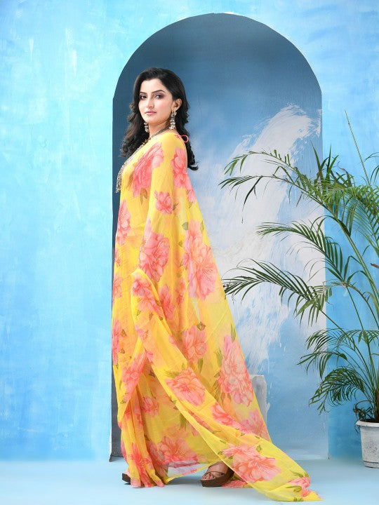 DESH BIDESH Women's Floral Printed Bandhani Saree with Unstitched Blouse Piece