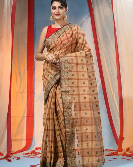 Exquisite Orange Pure Cotton Taant Saree with Ethnic Woven Design Border