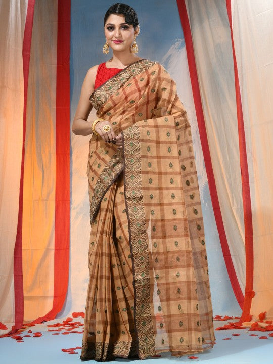 Exquisite Orange Pure Cotton Taant Saree with Ethnic Woven Design Border