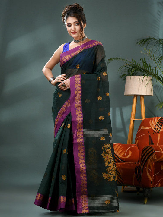 DESH BIDESH Woven Design Pure Cotton Taant Saree with Blouse Piece