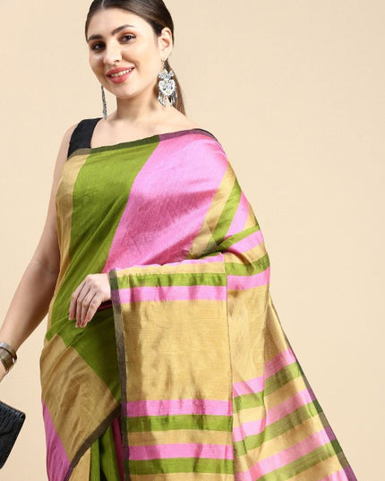 Exquisite Striped Silk Cotton Saree in Green and Pink with Solid Border