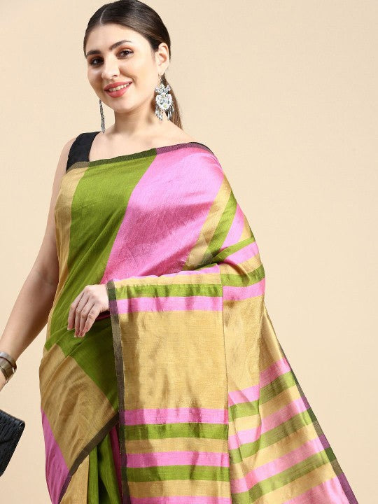 Exquisite Striped Silk Cotton Saree in Green and Pink with Solid Border