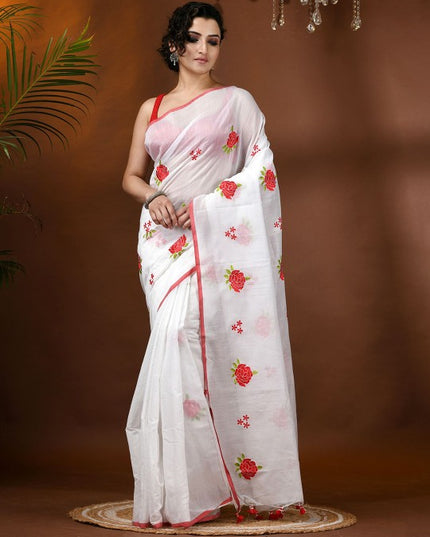 DESH BIDESH Elegant Floral Embroidered White Cotton Blend Saree with Blouse Piece