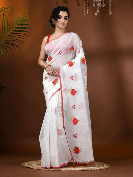 DESH BIDESH Elegant Floral Embroidered White Cotton Blend Saree with Blouse Piece