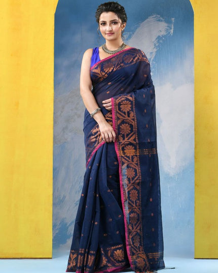 DESH BIDESH Women's Navy Blue & Pink Woven Design Zari Cotton Blend Saree