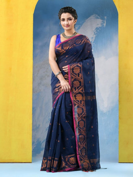 DESH BIDESH Women's Navy Blue & Pink Woven Design Zari Cotton Blend Saree